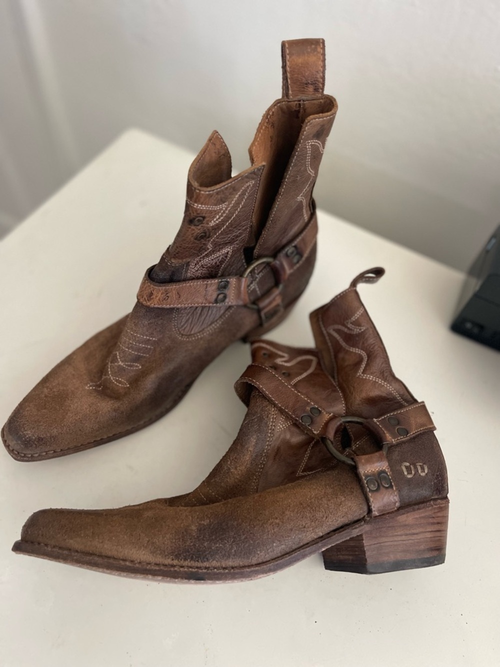 Bed Stu Brown Distressed Leather Harness Ankle Boots - Picture 2 of 9